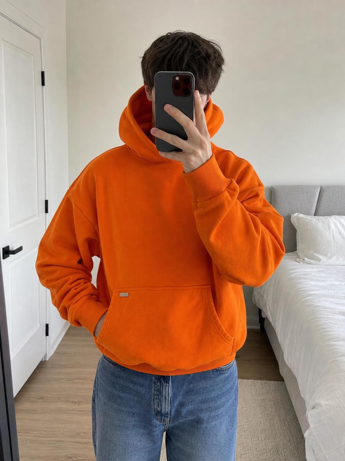 Orange hoodie: the same item enhanced by Vintefy (Clone mode)